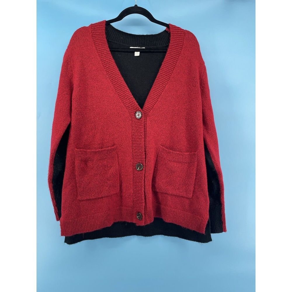 Cardigan Women's Medium 8/10 Red Black Block Goth Grandpa Sweater Vibe Oversized